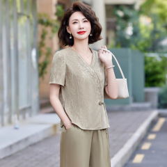 中年ママの夏スタイルシャツ半袖トップス既製品中高年女性向け新作母の日シフォンシャツスーツ