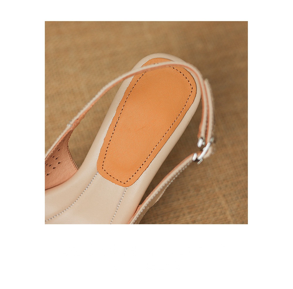 Sandal nữ đầu vuông hở ngón chân da bò thô gót thô cao — màu trắng ngà chi tiết 11