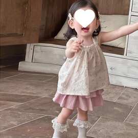 韩版童装女童夏季套装2026新款儿童宝宝碎花吊带背心粉色半身裙裤