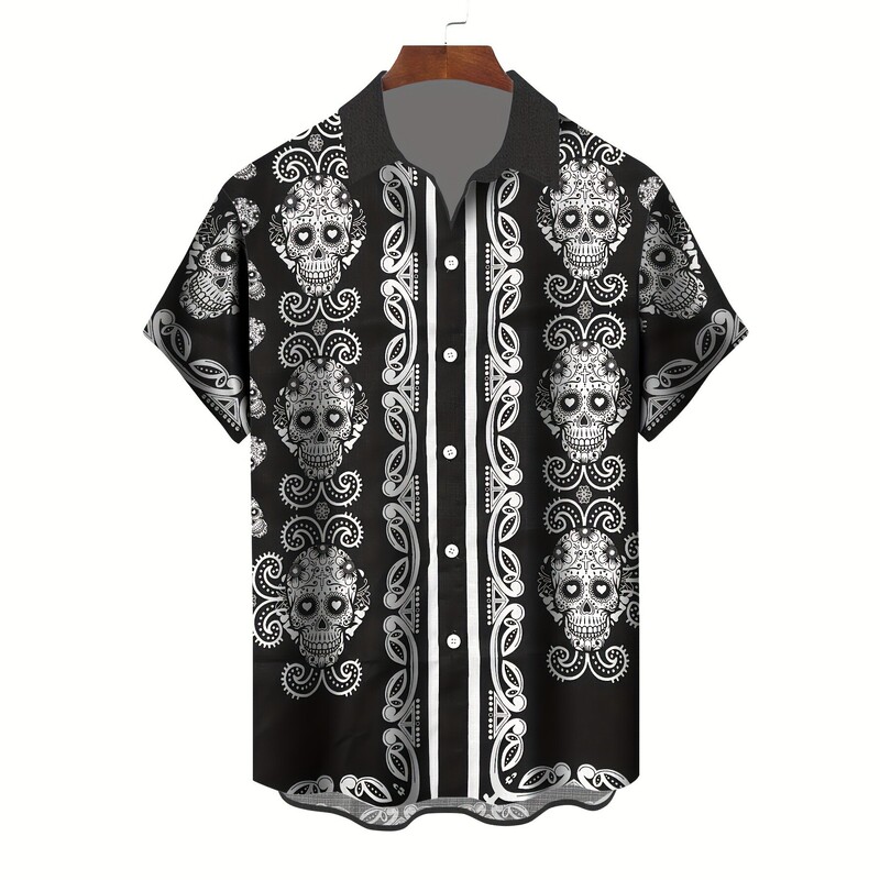 2026 New Amazon Cross-Border Mexican Sugar Skull Paisley Print Short-Sleeve Shirt, in Stock and Customizable