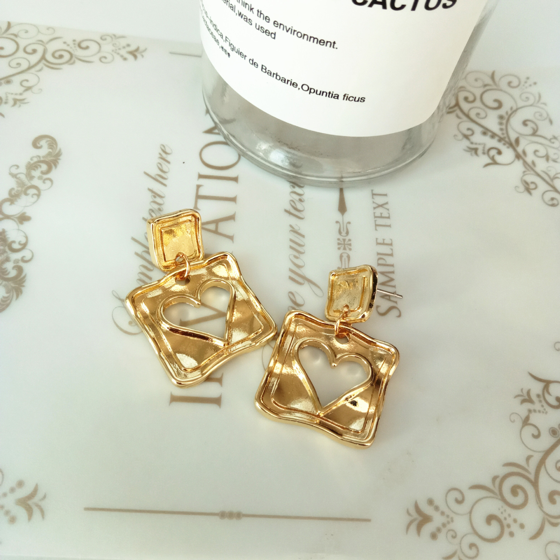 Alloy Material Retro Square Heart Shape Alloy Hollow Out Earrings