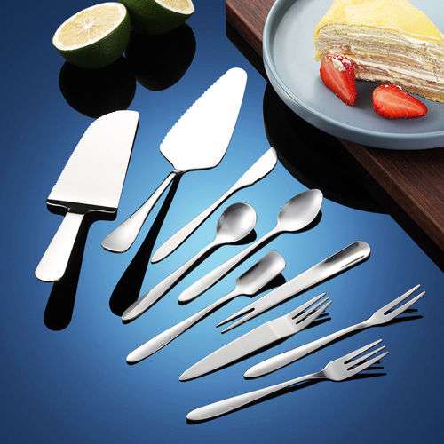 Stainless steel cake knife, fork and spoon set, pizza shovel, moon cake knife and fork, dessert fork and spoon tableware wholesale with logo printable