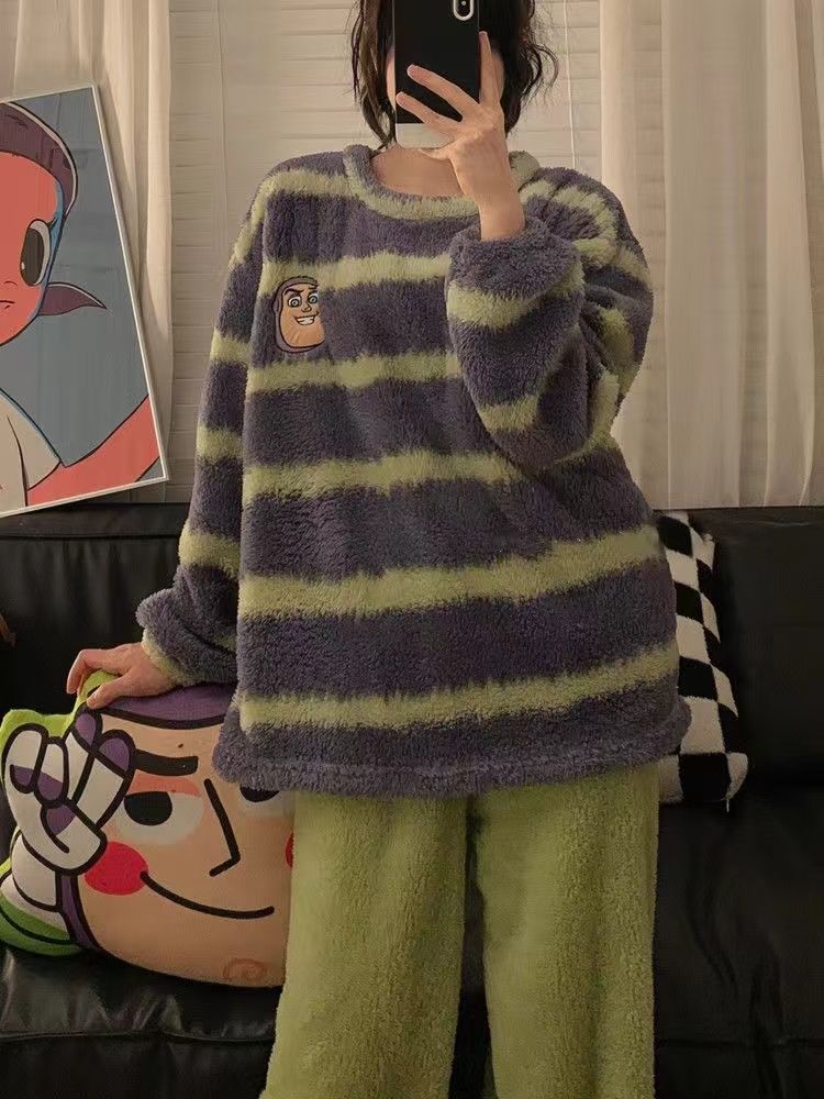 珊瑚绒条纹睡衣女款秋冬季加绒加厚保暖卡通可爱巴斯光年男家居服