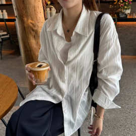 现货纯色竖条纹肌理感衬衫女春夏休闲衬衣长袖防晒上衣外套女批发