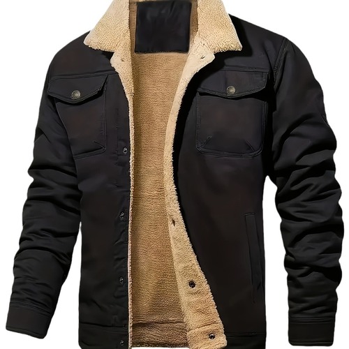 Autumn and winter plus-size men's polyester fleece-lined workwear jacket, youth British-style lapel coat