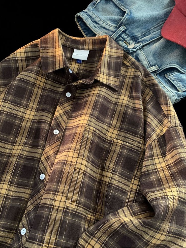 Otoño Hong Kong estilo camisa a cuadros hombres Pu guapo de alta calidad camisa de manga larga de moda marca de moda estilo japonés Capa delgada interior