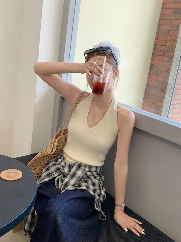 针织纯色挂脖吊带背心女内搭2025夏女装新款外穿遮副乳无袖上衣|undefined