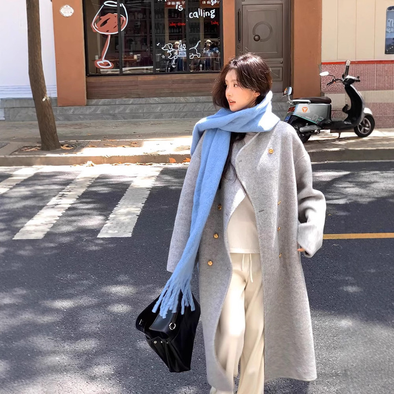 Suli Alpaca Coat, Gray Double-Sided Woolen Fabric, Women's Extra-Long Style, 2025 Winter, High-End Feel, Petite Coat