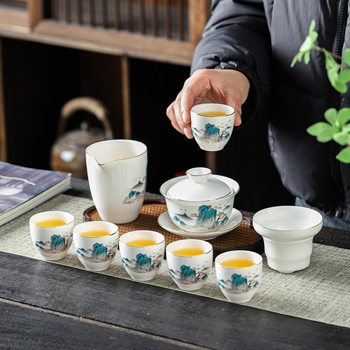 Suet-fat jade white porcelain tea set complete set business gift printing home office reception high-end tea set