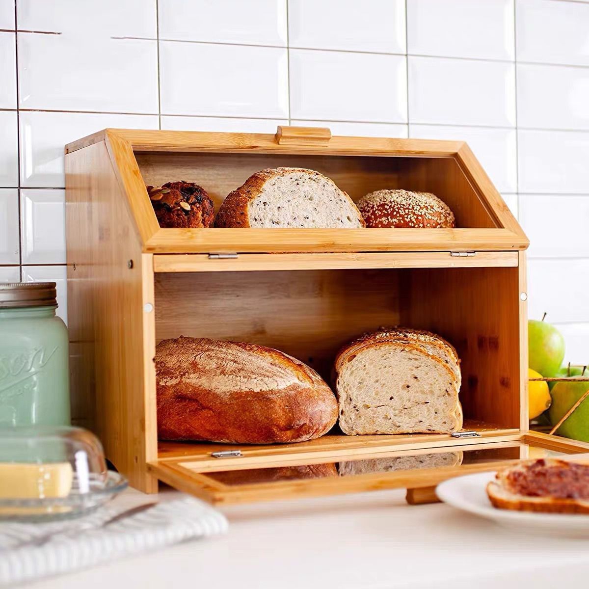 Gabinete de pan de doble capa de bambú, caja de almacenamiento de pan de mesa de cocina doméstica, caja de almacenamiento de bocadillos de pasteles con tapa doblada