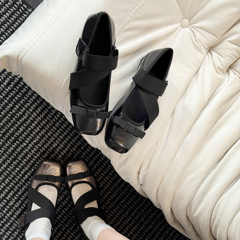 Silver Bow Square Toe Inner Heightening Ballet Shoes 2025 New Retro Shallow Mouth Thick Sole Mary Jane Shoes for Women