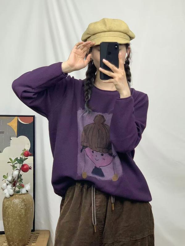 新品厚款复古宽松圆领套头棉线针织衫卡通印花毛衣女|undefined