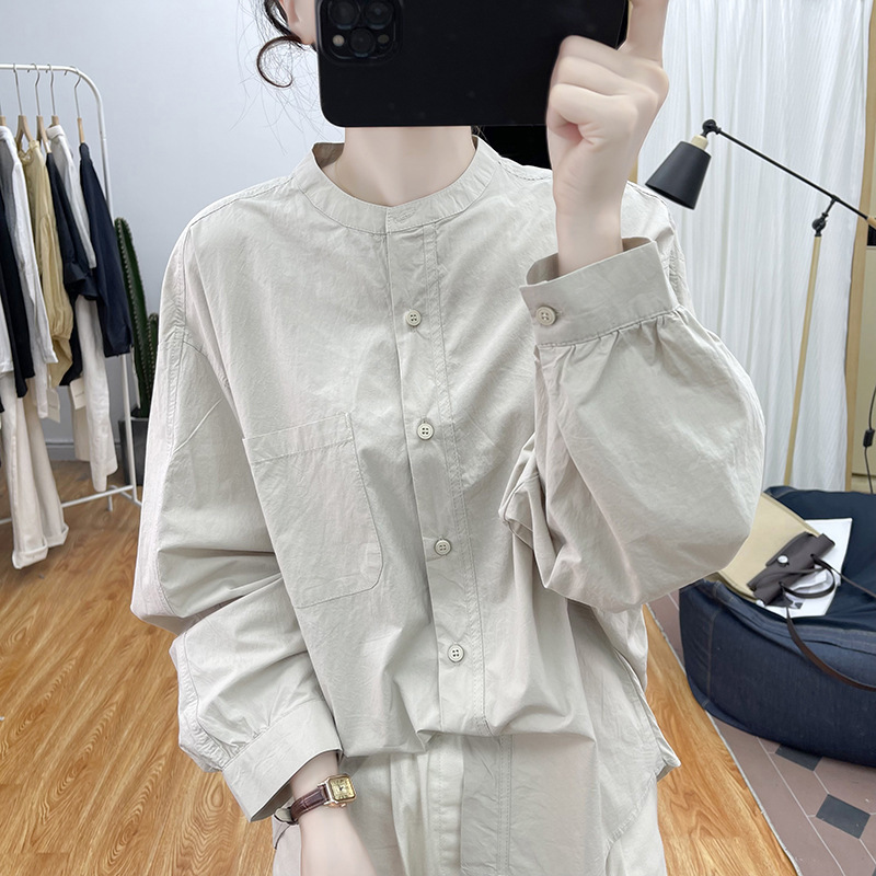 早秋设计感纯棉小立领长袖衬衫女宽松上衣2025新款打底衬衣A5656|undefined