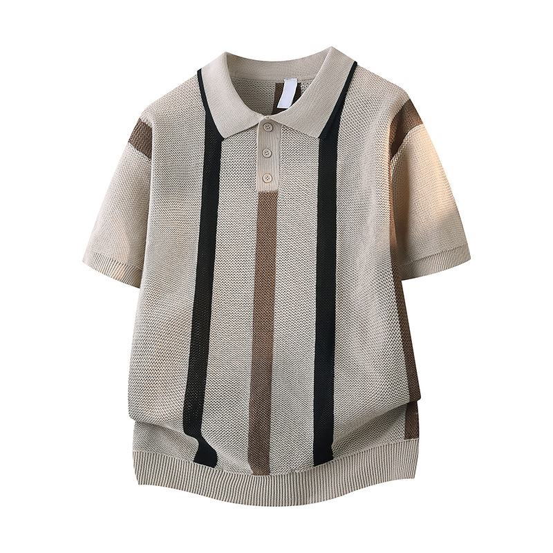 Polo camiseta de punto camiseta de manga corta hombre solapa rayas viejas camisetas de hielo agujeradas de verano fábrica transfronteriza mayorista
