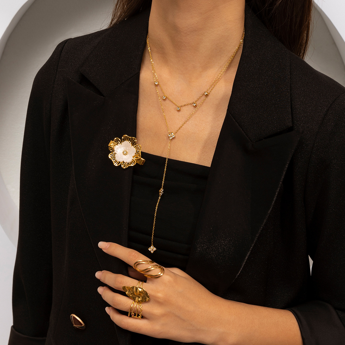 Collar de acero inoxidable de la UE y los Estados Unidos, lujo ligero, nicho, conjunto de joyería de flores, no se desvanece, ventas transfronterizas calientes para mujeres