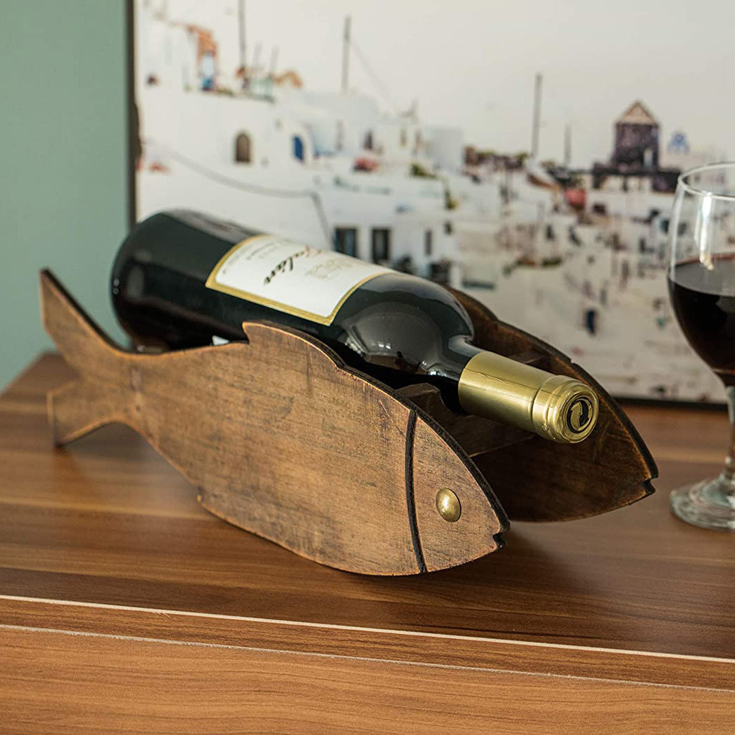 家用餐厅桌面实木酒架创意鱼形木制红酒架摆件简易葡萄酒展示架