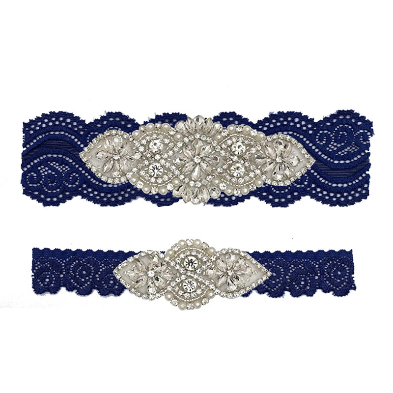 Wedding Bridal Garter suit white navy blue lace bridal accessories rhinestone garter lace