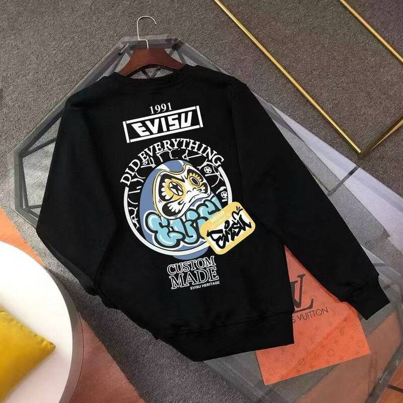 In-stock EVISU Fushen Daruma letter print crew neck sweatshirt, unisex pure cotton trendy brand top wholesale In-stock EVISU Fushen Daruma letter print crew neck sweatshirt, unisex pure cotton trendy brand top wholesale