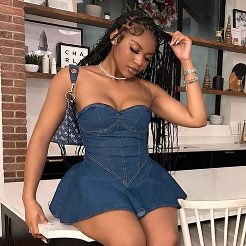 Eurasian Cross-border Spring and Summer New Style Elegant Bodycon A-line Skirt Fashion Sexy Bustier Denim-like Dress for Women