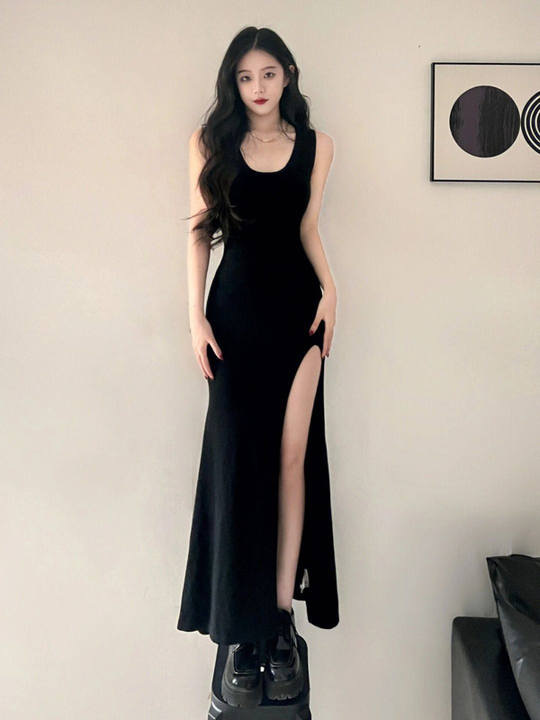 セクシーな純粋な欲望甘いホットガール黒サスペンダードレス女性の夏スリムスリットヒップカバーベストロングスカート|undefined