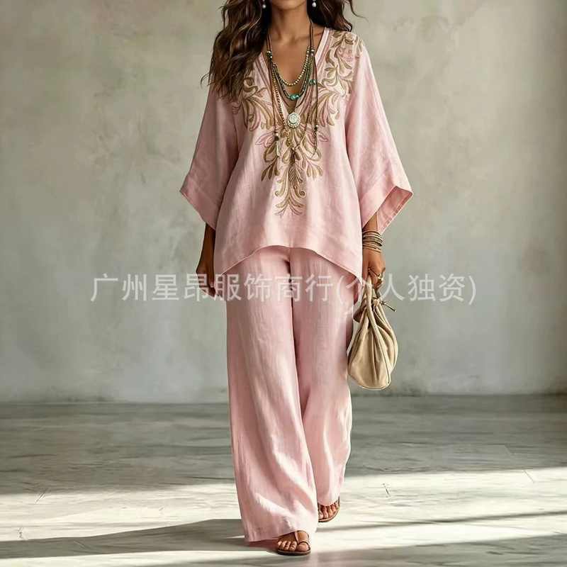 2026 Cross-Border Independent Site Amazon Vintage French-Style Cotton and Linen Embroidered V-Neck Plus-Size Loose Casual Elegant Set