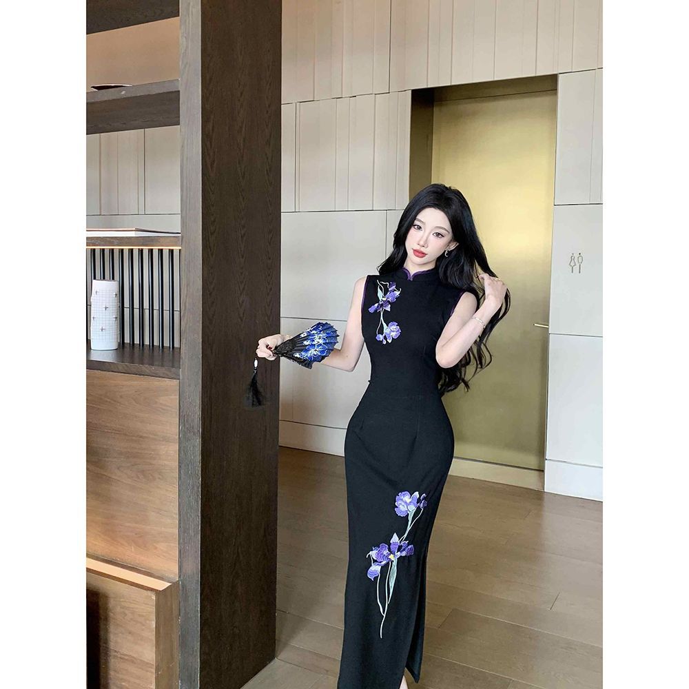 New Chinese Style National Style Elegant Hong Kong Workers Black Printed Sleeveless Cheongsam Dress Spring and Summer 2025 New Mid-length dress