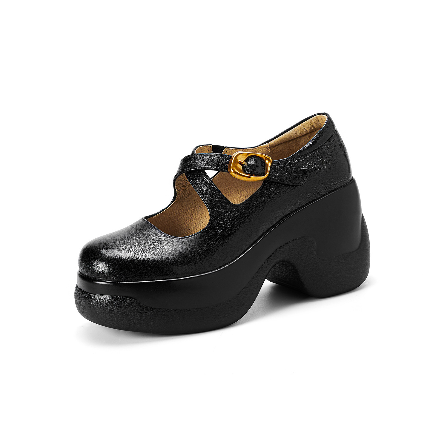 Giày cao gót Mary Jane nữ mũi tròn da cừu khóa chéo gót 9 cm — đen