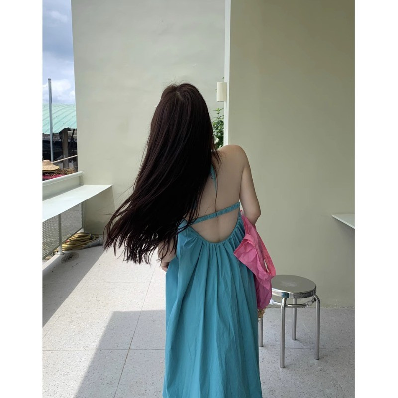 Summer Sexy Pure Desire Suspender Seaside Resort Style Dress Women's Loose Slimming Beach Halterneck Backless Long Skirt