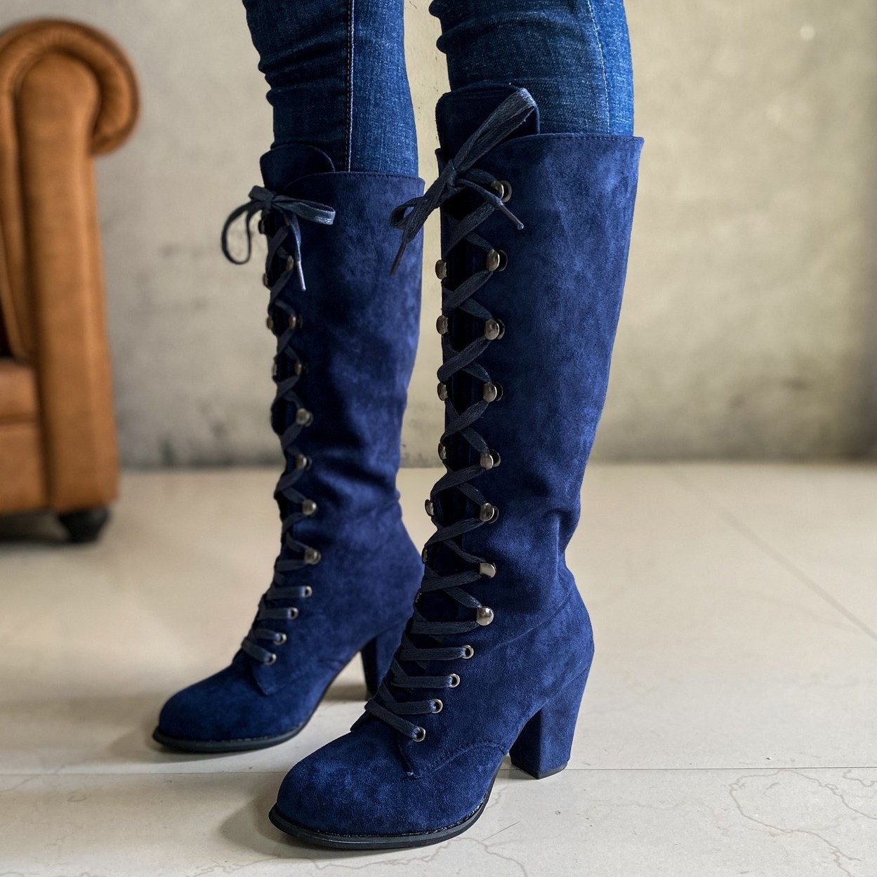 Women's Plus Size High Heeled Fashion Boots Chunky Heel Suede Cross Strap Long Boots European American Style Winter Slimming_vogvips.com