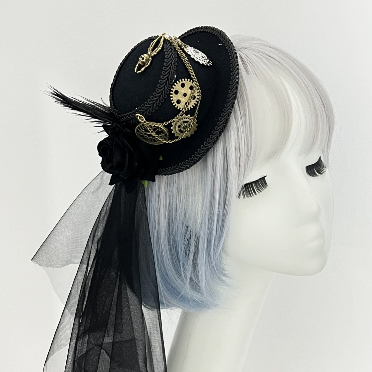 Steampunk gear gorra pluma de malla LLOLITA flores oscuras cos vestir sombrero de copa de Halloween image 3