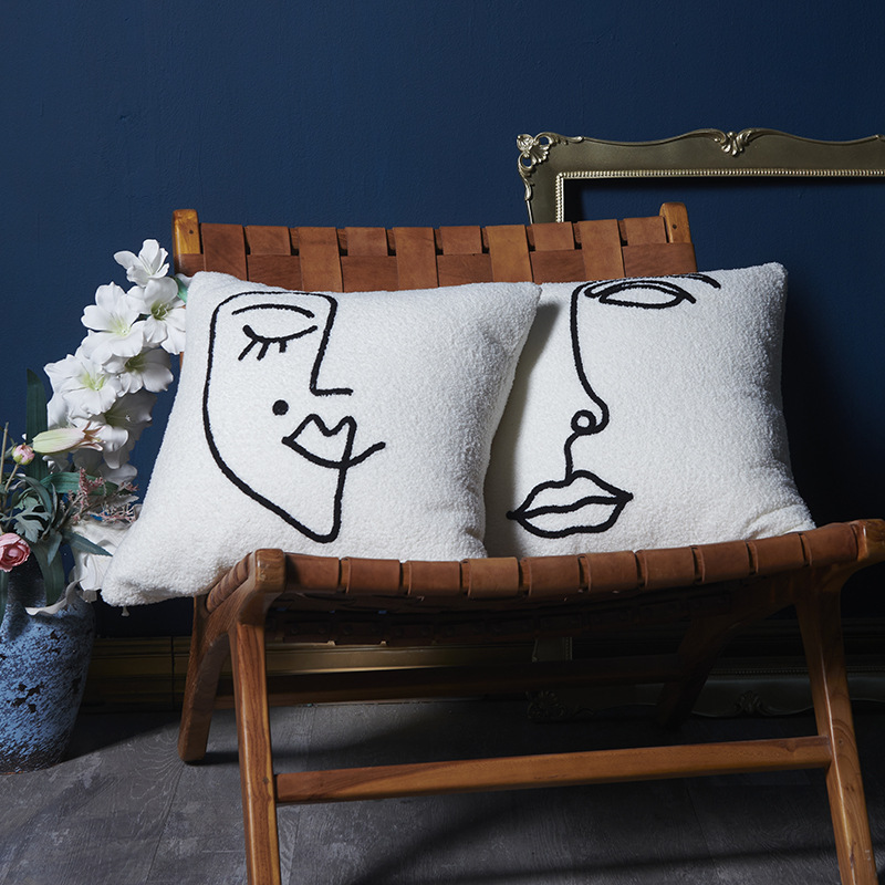 Nordic Simple Style Teddy Bear Face Simple Line Embroidery Pillow Case Cushion Cover Cushion Pad Set 1 Piece Drop Shipping 