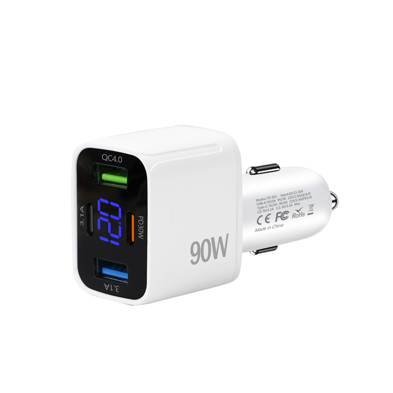 数显快充PD+QC3.0跨境车充多功能四口90W车载充电器工厂直销闪充|undefined