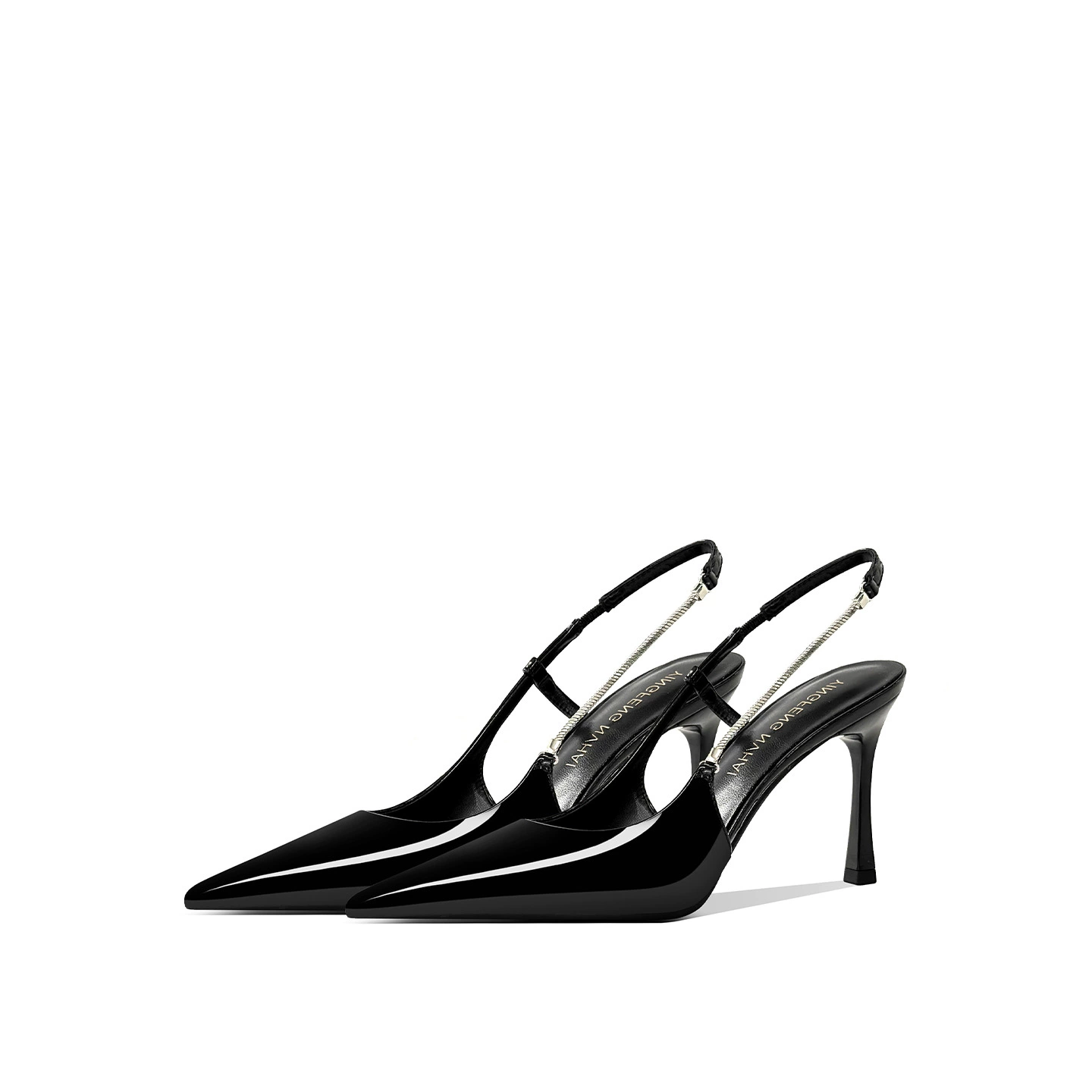 В наличии: Туфли на высоком тонком каблуке, закрытый носок, открытая пятка, металлическая цепочка, лакированная кожа, модные женские туфли, элегантные босоножки.