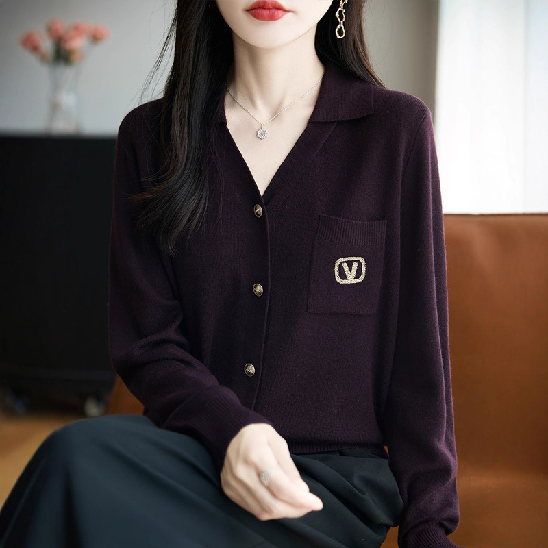 2025秋季新款女装长袖针织衫打底翻领衬衫高级感V领薄款外套女装|undefined