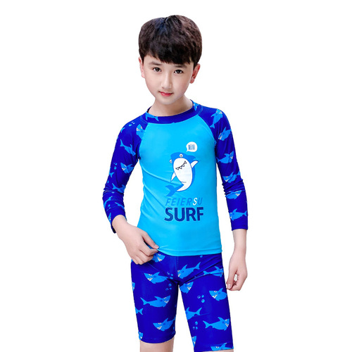 Children's swimsuit for boys, small, medium, and large children, long-sleeved sun-protective split swimwear set with swim trunks as a complete outfit