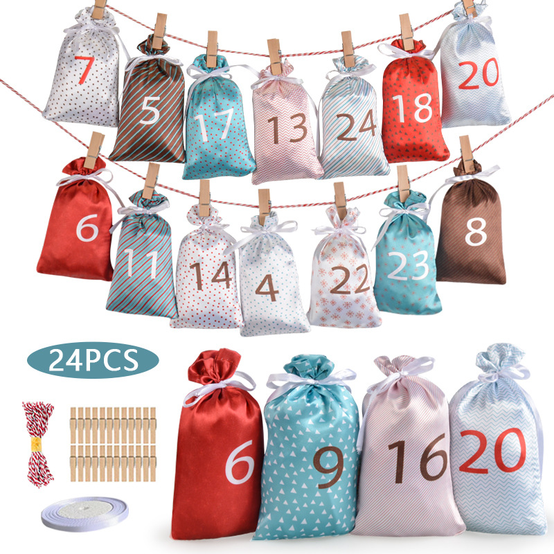 new pattern Christmas Countdown calendar suit Satin Bundle pocket colour gift candy jewelry Packaging bag goods in stock