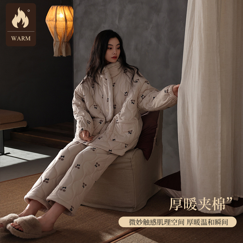 [Extra Thick Quilted] High Collar Zipper Winter Cotton Jacket Pajamas for Women Three-Layer Thickeneded Fleece-Lined Suit Floral Home Clothes