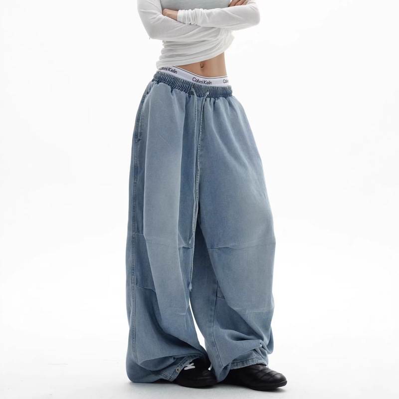 American-Style Street-Style Pleated Elastic Waist Wide-Leg Jeans for Men and Women, Loose Hip-Hop Drape Straight-Leg Casual Pants Trendy