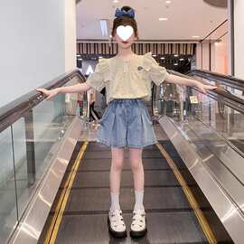 女童夏季短袖T恤牛仔短裤娃娃衫薄款套装中大童时髦洋派儿童衣服