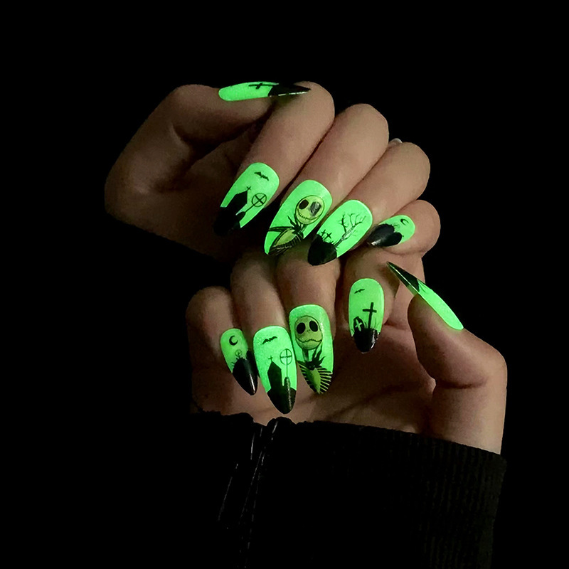 Wearable Nails Wholesale Luminous Green Black Border French Halloween Wearable Nail Art Pieces Finished Removable Nail Nail Pieces Wearable Nails Wholesale Luminous Green Black Border French Halloween Wearable Nail Art Pieces Finished Removable Nail Nail Pieces