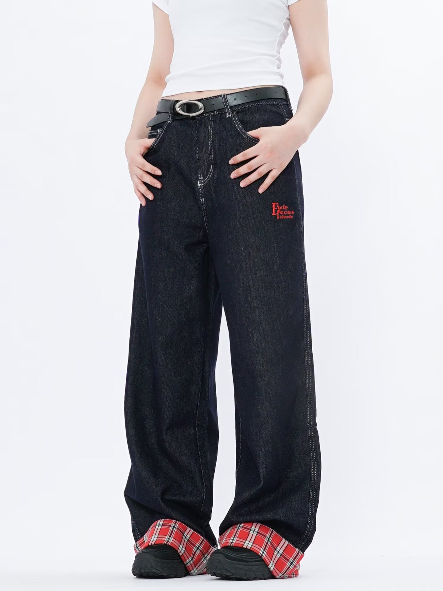 American Style Straight-Leg Rolled Hem Jeans Men Women, Spring And Autumn New Loose Patchwork Plaid Blue Pants For Men,_mkmklike.com