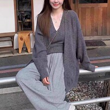 秋冬慵懒风蕾丝边背心针织开衫两件套韩系温柔感毛衣外套吊带套装