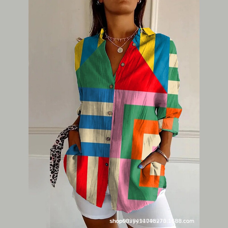 New Amazon Striped Long-Sleeve Shirt for Women, Rainbow Cardigan, Color-Blocking Jacket, Turn-Down Collar, European and American Style Cross-Border Shirt