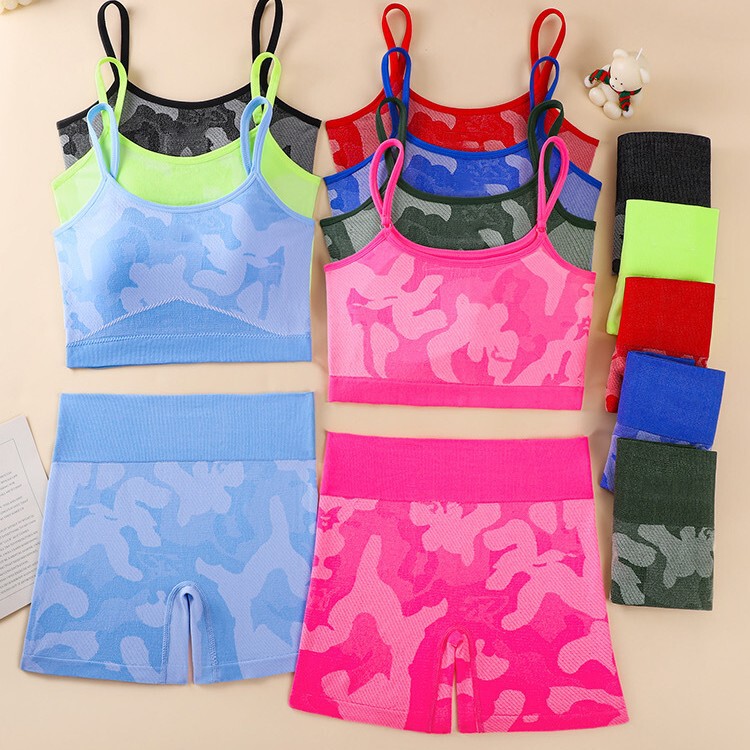 Foreign Trade Camouflage Sports Bra Set Beautiful Back Intimates Boxer Briefs Set Women's Sports Shorts Bottoming Intimates