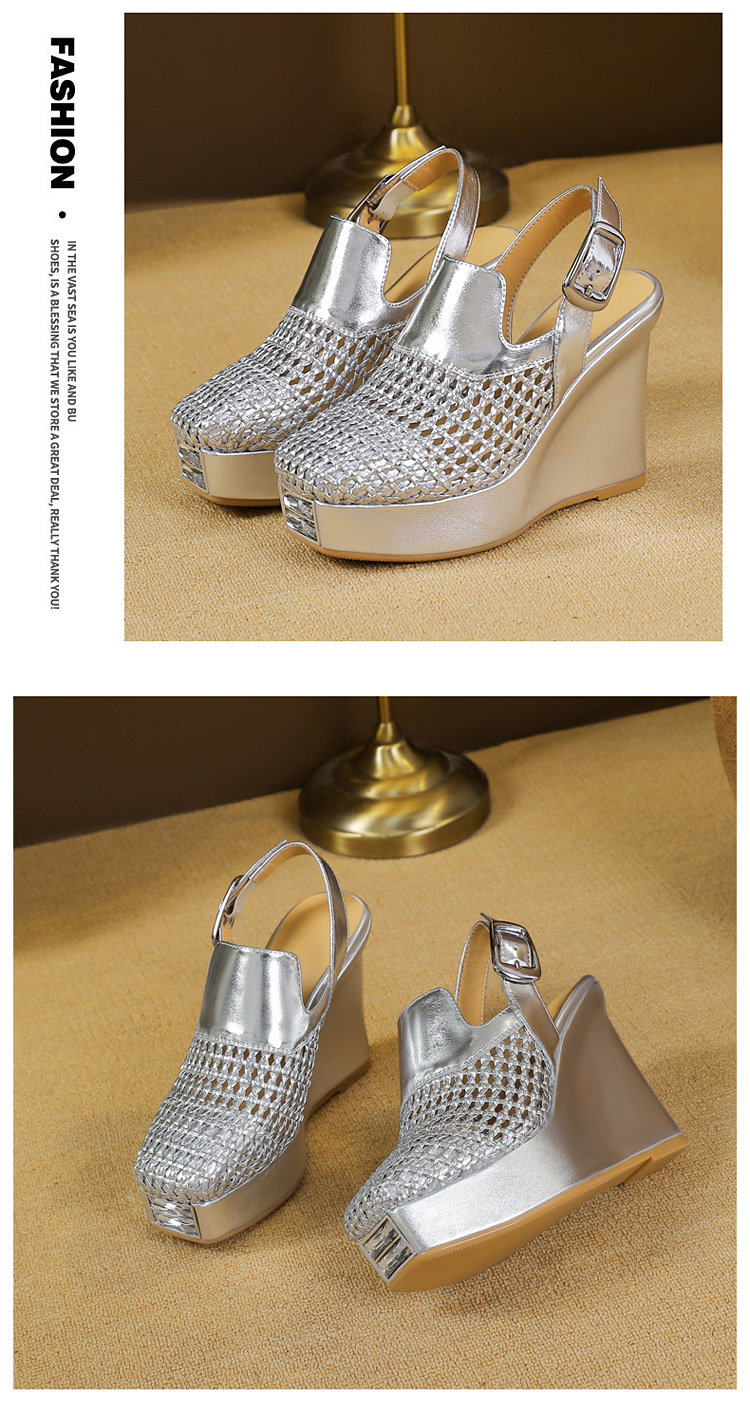Sandal cao gót nữ mũi nhọn bện rỗng đế xuồng chống nước — màu be chi tiết 8