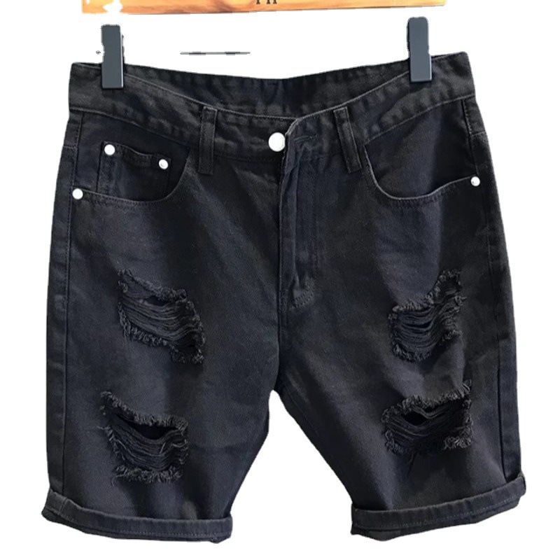 2023 new Hong Kong style street fashion White ripped Denim shorts men's casual trendy summer scraping beggar five points