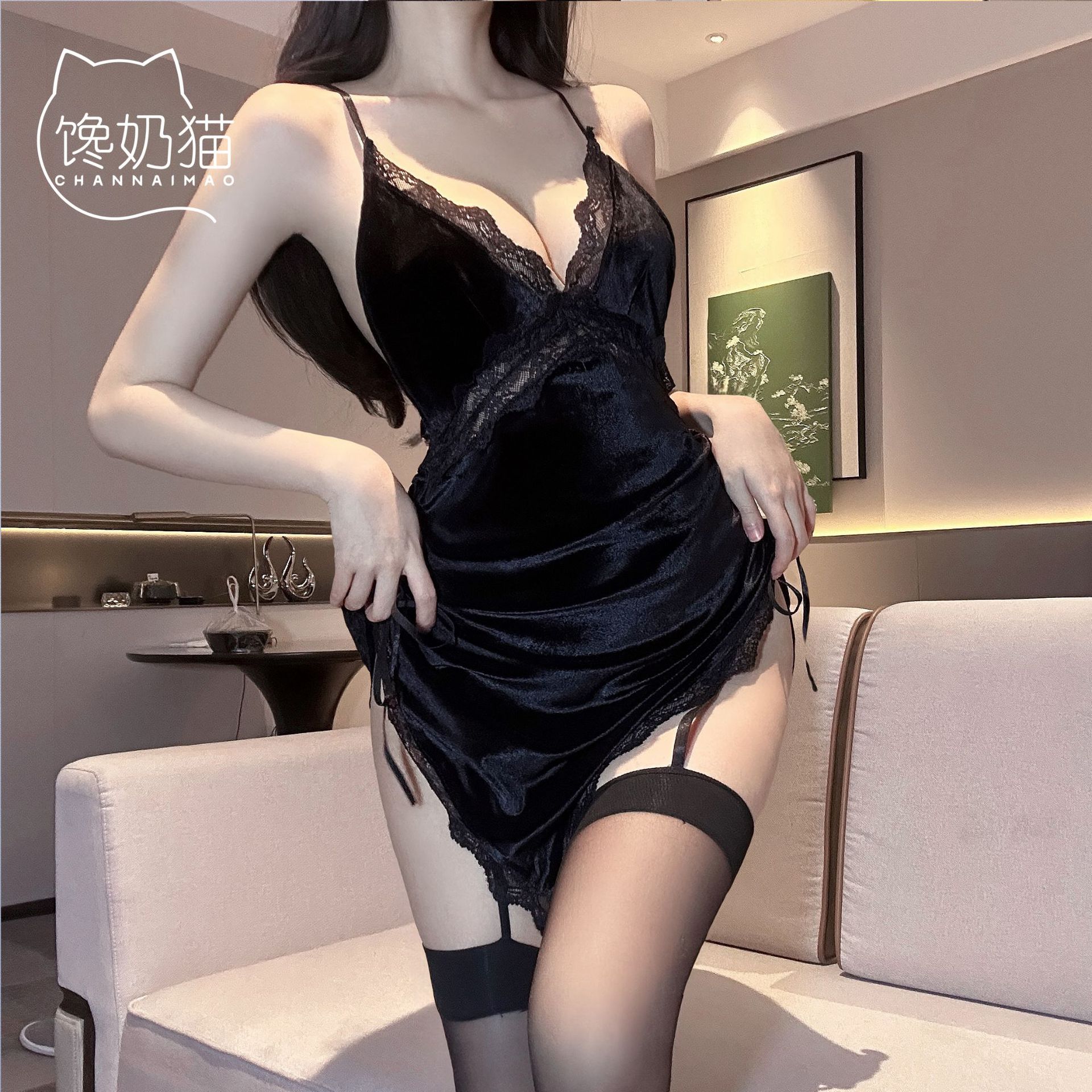 밀크캣 섹시 속옷, 열정세트, 벨벳 잠옷, 유혹 섹시 잠옷, 순수한 욕망 의상, 엉덩이를 감싸는 잠옷 B4