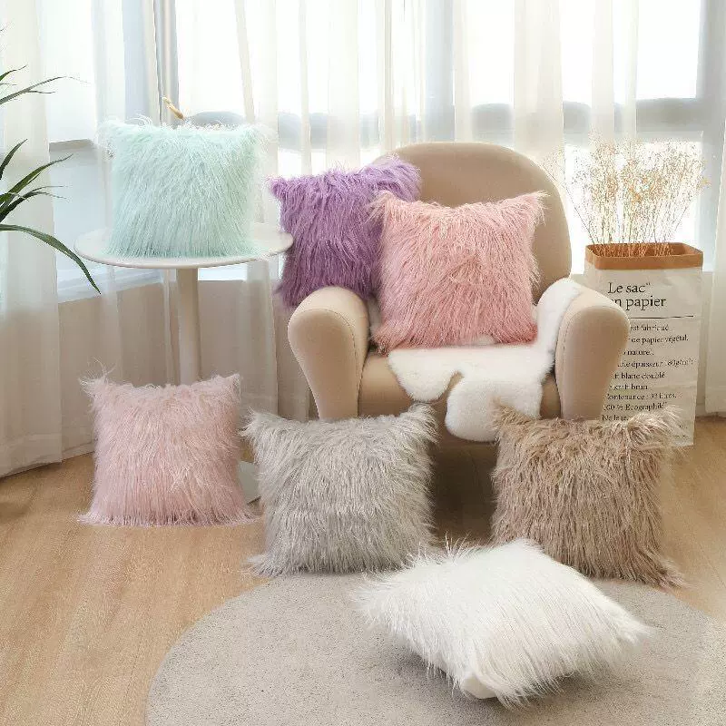 Плюшевый декоративный подушка 45×45 см, длинноворсовый скандинавский стиль, односторонний или двусторонний, с наполнителем/без