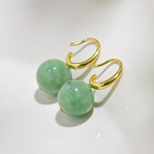 Retro Style S925 Silver A-Grade Jade Earrings 11-12mm Bean Green Natural Jade Ear Hooks Simple Work Clothing