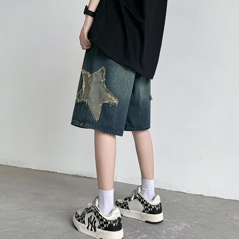 American Style National Fashion Denim Shorts Men's Summer Niche Design Sense Washed Old Fashion Brand Fashionable Loose Half-length Pants